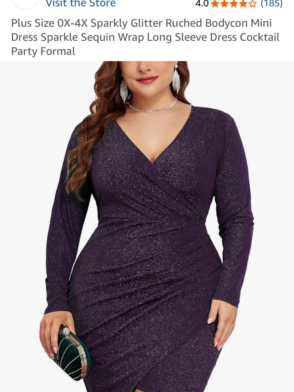 ZOMVA Purple Solid Glitter Ruched Wrap Bodycon Mini Dress V-Neck Long Sleeve XXL